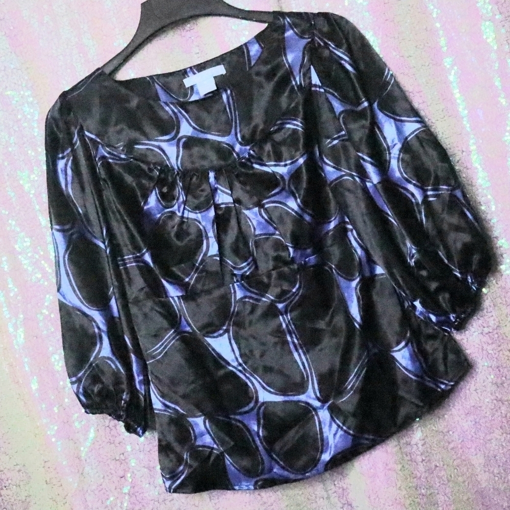 SATIN BLOUSE M Fresh Twist Blue Black Abstract Formal Dressy Office Work Winter